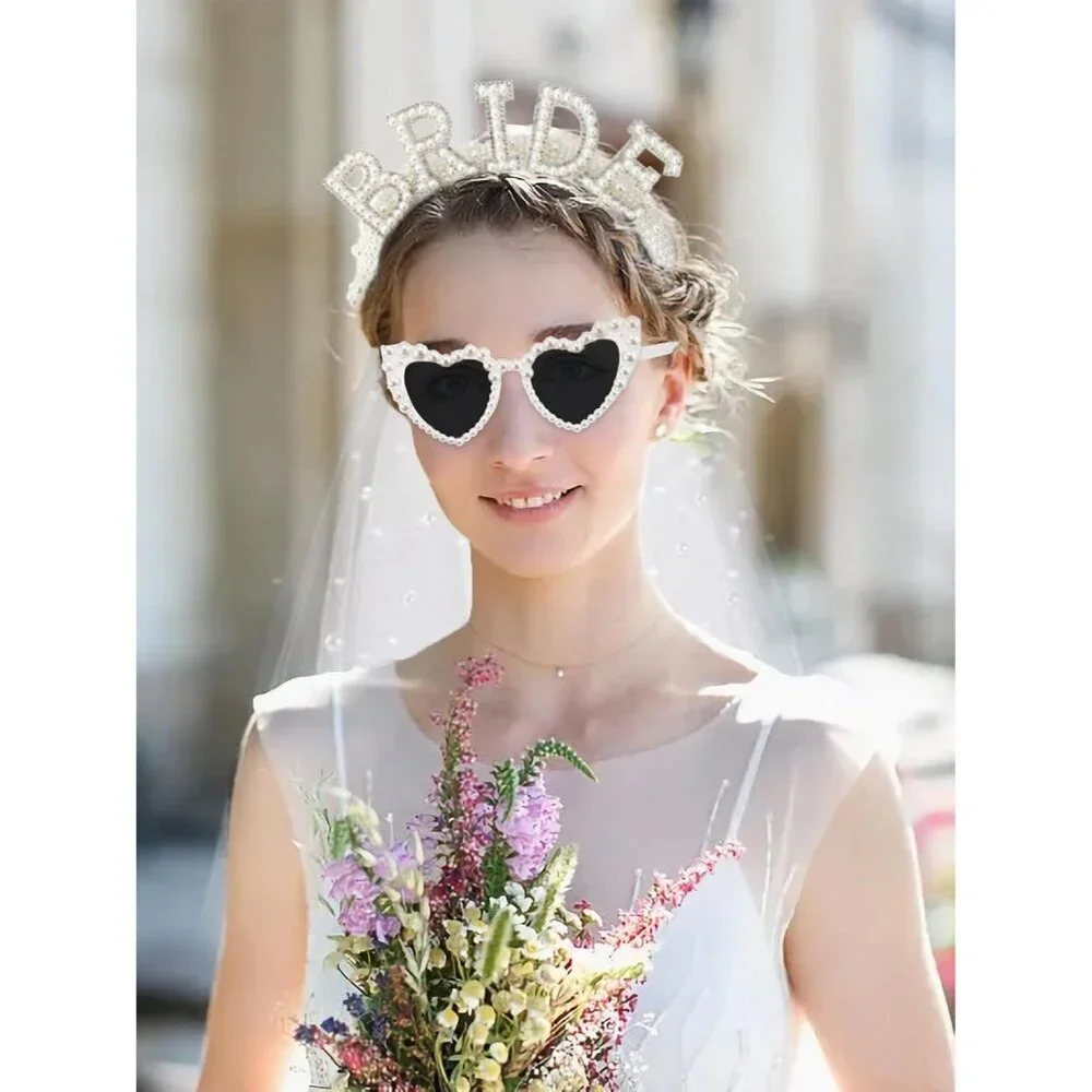 Pearl Bride Headband with Veil Heart Shaped Pearl Sunglasses for Wedding